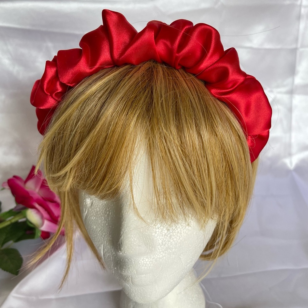 Red Satin Headband wrap scrunched For Women Pleated design - Picture 4 of 15